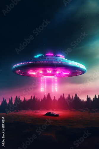 UFO neon lights glowing in dark night. Generative ai 