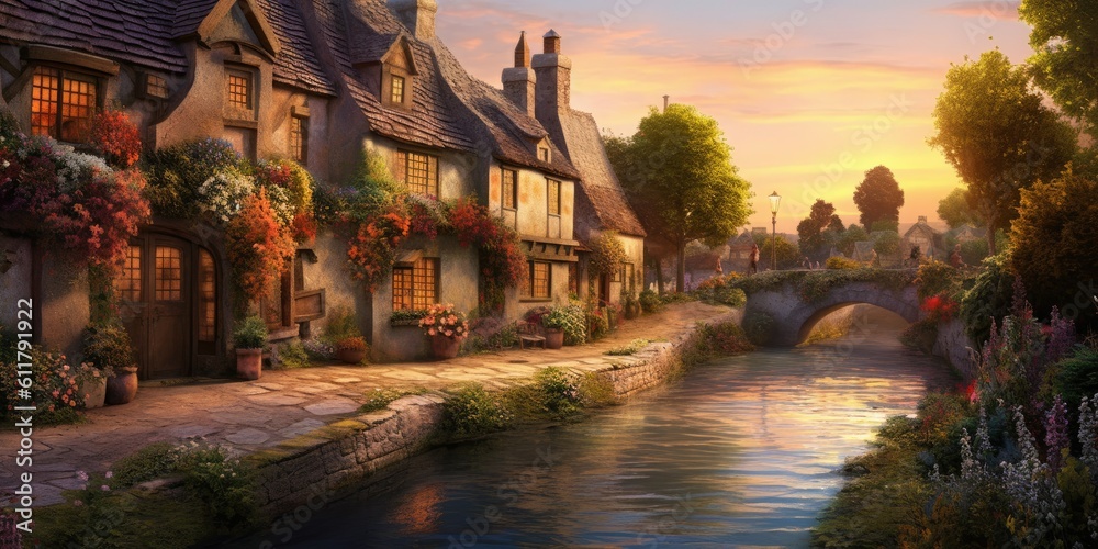 quaint village nestled along the banks of a winding river, with colorful cottages, a stone bridge, and vibrant flower gardens  Generative AI Digital Illustration Part#110623
