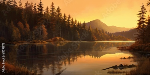 tranquil lake reflecting the golden hues of the setting sun, surrounded by peaceful mountains and a serene forest Generative AI Digital Illustration Part#110623
