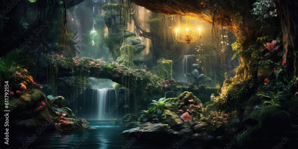 hidden waterfall cascading into a mystical grotto, adorned with moss-covered rocks and surrounded by lush vegetation  Generative AI Digital Illustration Part#110623