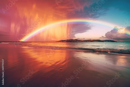 Rainbow sunset at the beach and the ocean