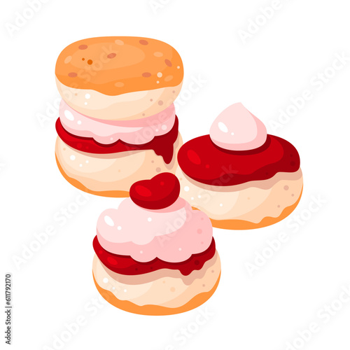 Scones for British afternoon tea. Classic scones with jam and clotted cream. Fresh-baked scone, with strawberry jam and whipped cream. English Scones