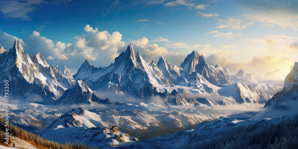 A range of towering mountains covered in a blanket of untouched snow stands tall against the clear blue sky  Generative AI Digital Illustration Part#110623
