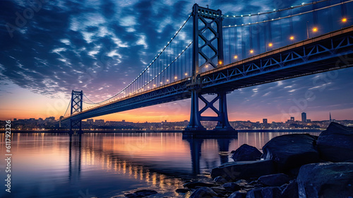 A stunning bridge at last/first light.  City lights still glow. Great to denote a new beginning or an evocative evening begins.
