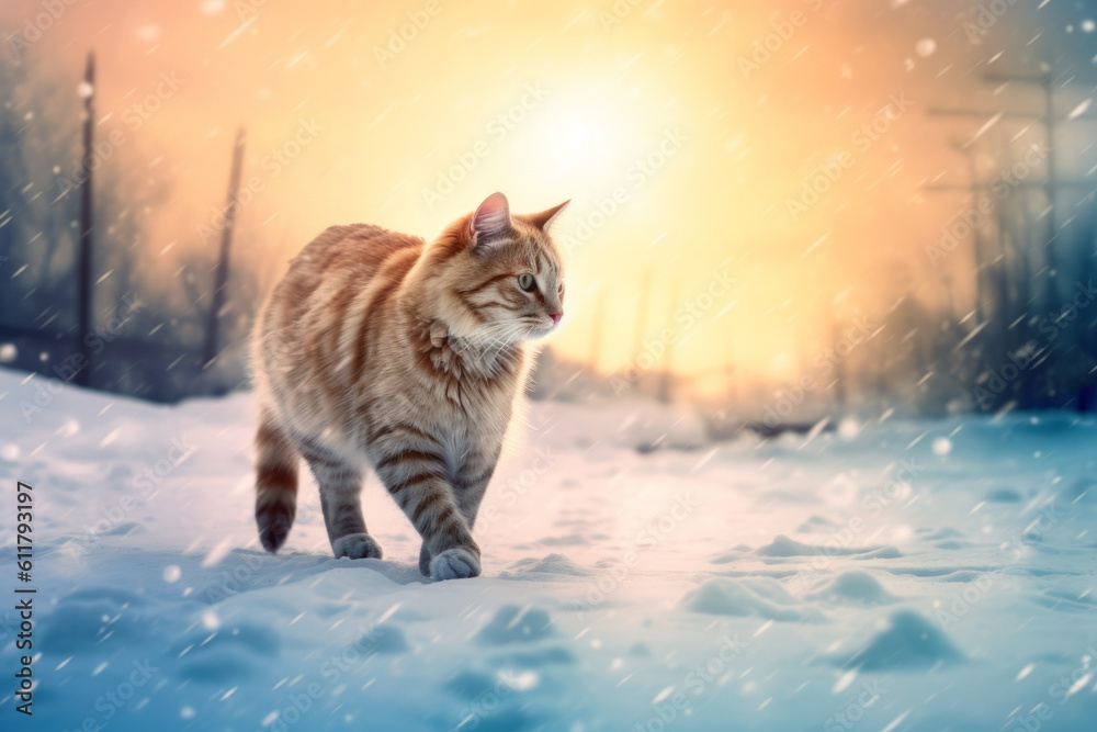 Cat walking in the snow Cat walking in the snow