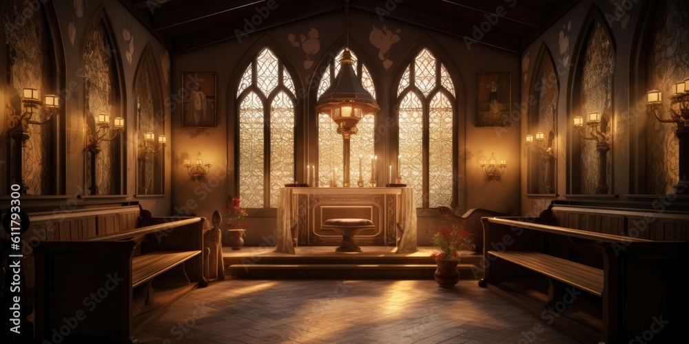 A small chapel bathed in soft candlelight, evoking a sense of spiritual solace and tranquility. Generative AI Digital Illustration Part#110623