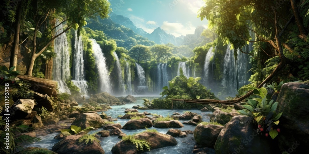 A cascading waterfall surrounded by lush greenery  Generative AI Digital Illustration Part#110623
