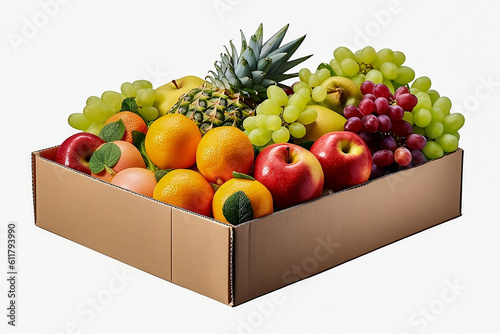 Fresh fruits in cardboard package box on white background. Generative AI.