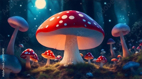 Illustration of magic mushrooms in a fantasy forest under the moonlight, AI generative 