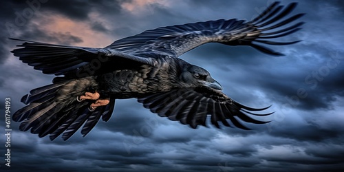 A solitary raven takes flight against a backdrop of a full moon and swirling clouds. Generative AI Digital Illustration Part#110623