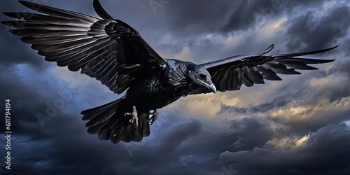 A solitary raven takes flight against a backdrop of a full moon and swirling clouds. Generative AI Digital Illustration Part#110623