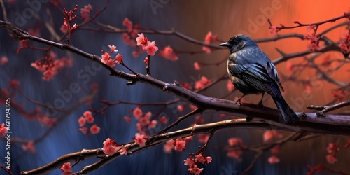 As dusk descends, a nightingale perches on a solitary branch Generative AI Digital Illustration Part#110623