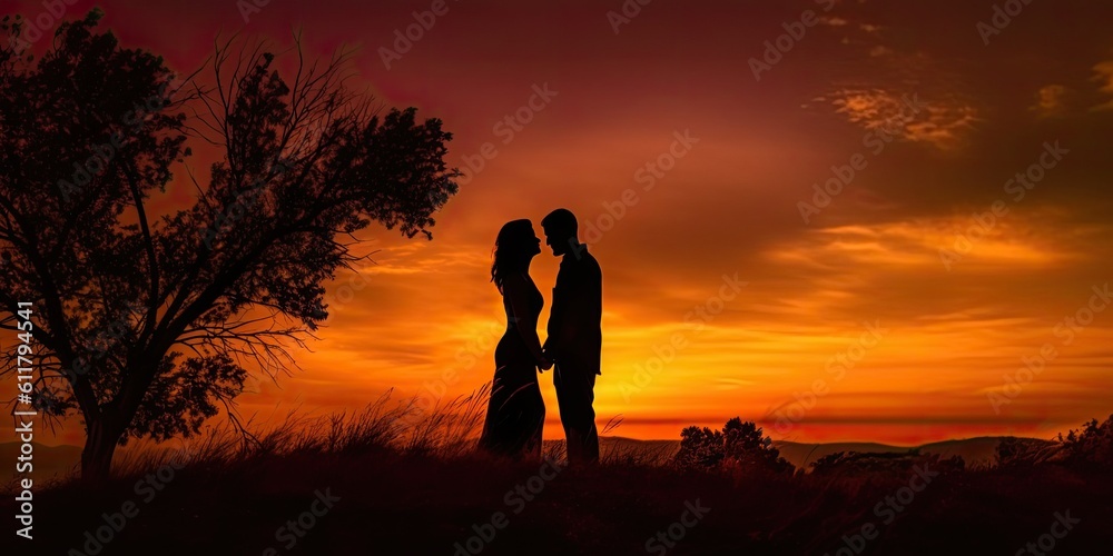  Photograph a couple standing on a hill, silhouetted against a colorful sunset sky  Generative AI Digital Illustration Part#110623