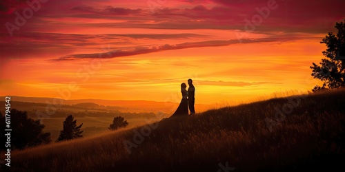  Photograph a couple standing on a hill, silhouetted against a colorful sunset sky Generative AI Digital Illustration Part#110623