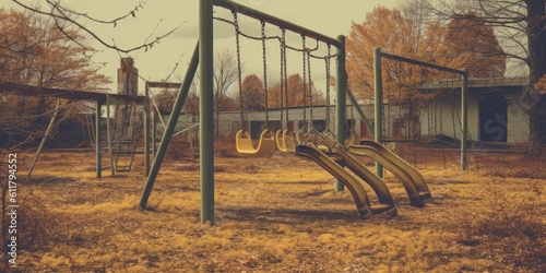 Photograph an abandoned playground, where swings sway gently in the wind and empty benches   Generative AI Digital Illustration Part#110623
