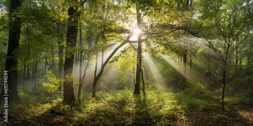 Photograph a serene forest scene with rays of sunlight filtering through the dense canopy,   Generative AI Digital Illustration Part 110623 © Cool Patterns