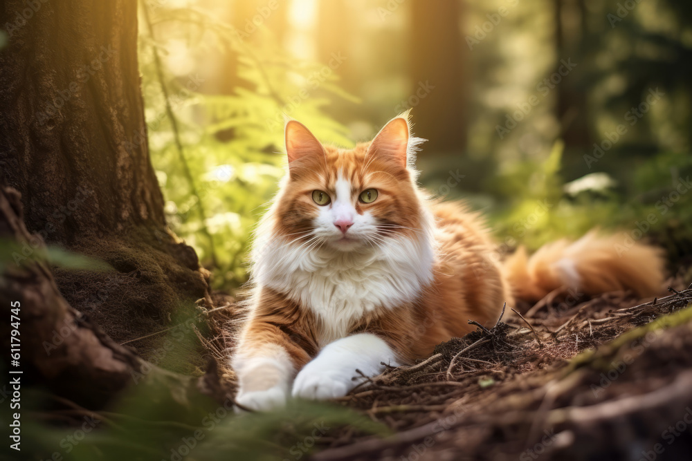A cat basking in the sunshine in a beautiful forest