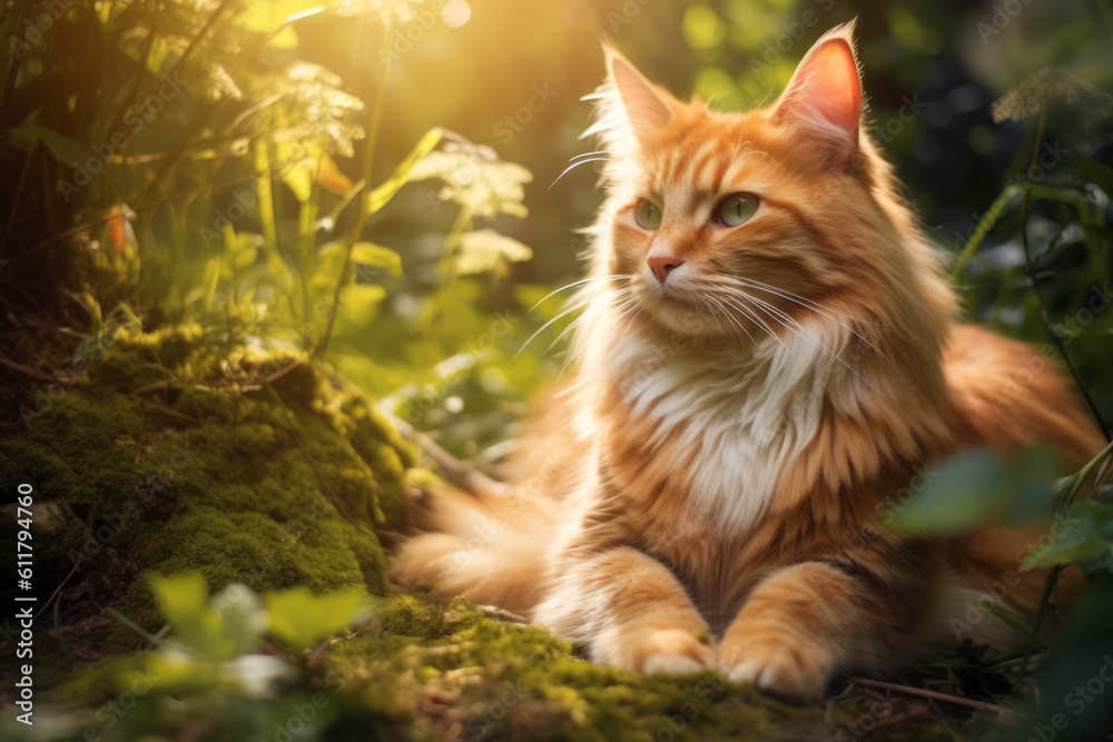 A cat basking in the sunshine in a beautiful forest