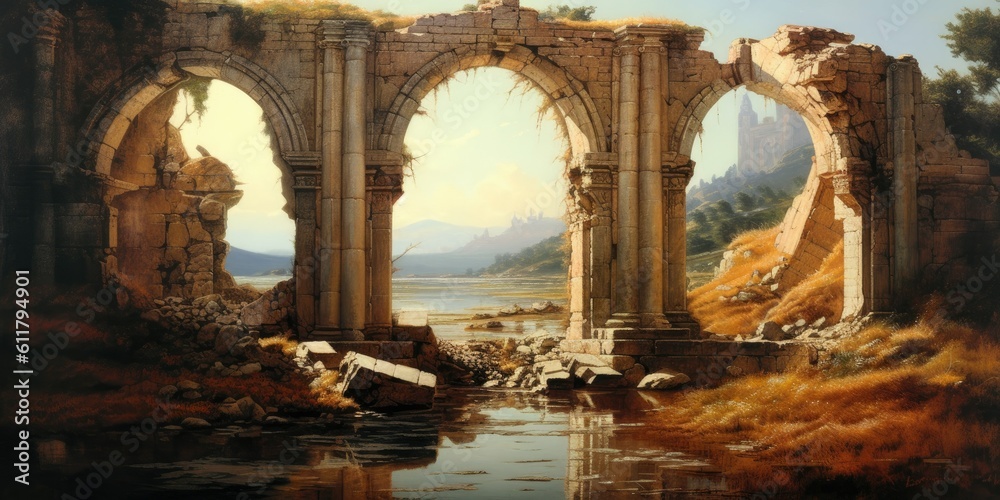 Echoes of Time - An ancient ruin stands against a picturesque landscape Generative AI Digital Illustration Part#110623