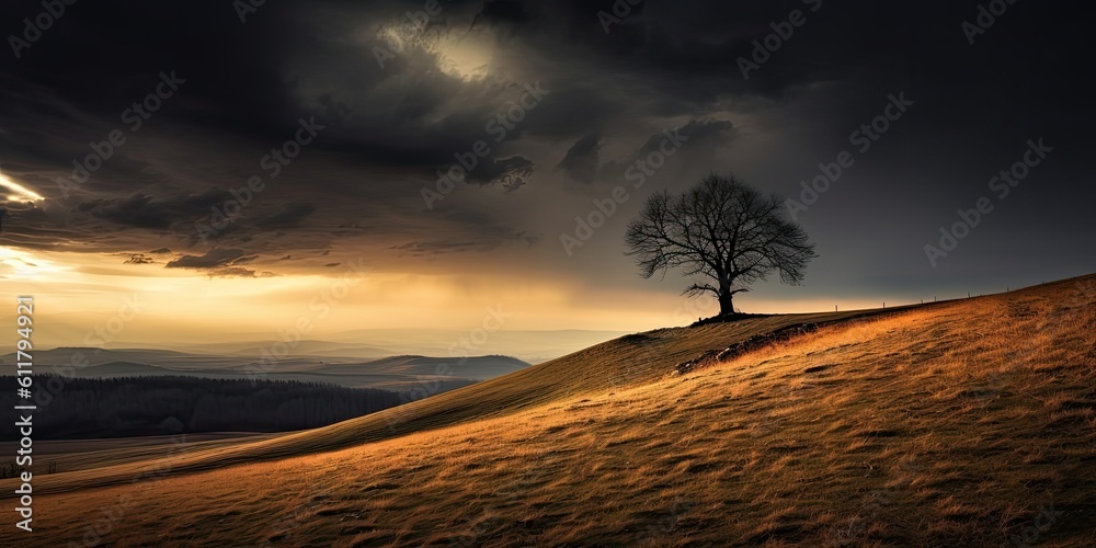  Melancholic Horizon - Capture the silhouette of a lone tree on a hill Generative AI Digital Illustration Part#110623