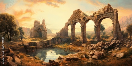  Echoes of Time - An ancient ruin stands against a picturesque landscape Generative AI Digital Illustration Part#110623