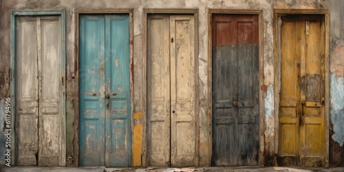 Enigmatic Doorways - Focus on a series of old, weathered doors standing in a row, each leading to a different unknown destination  Generative AI Digital Illustration Part#110623