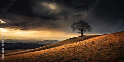  Melancholic Horizon - Capture the silhouette of a lone tree on a hill Generative AI Digital Illustration Part 110623