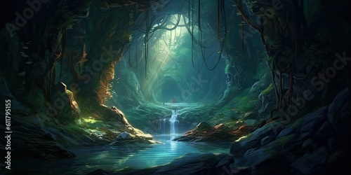 Dreamlike Passage - Encounter a hidden passage where the brook disappears into a mystical underground cavern Generative AI Digital Illustration Part#110623