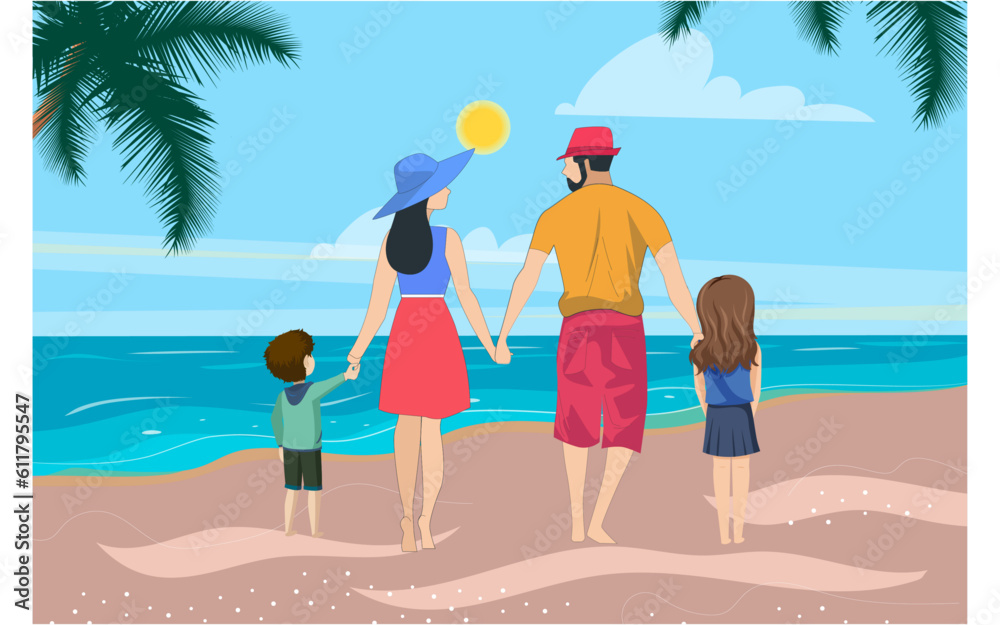 Happy young couple with their children are spending time together in the beach point. Vector illustration.