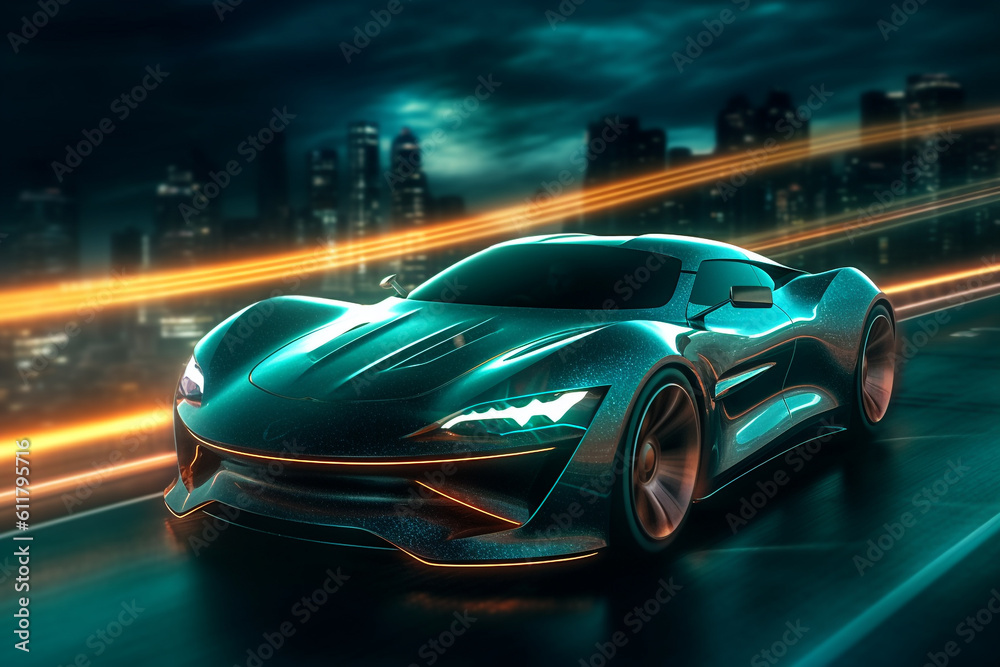 futuristic sports car rides at high speed on neon highway, illustrates the speed of a supercar made with Generative AI