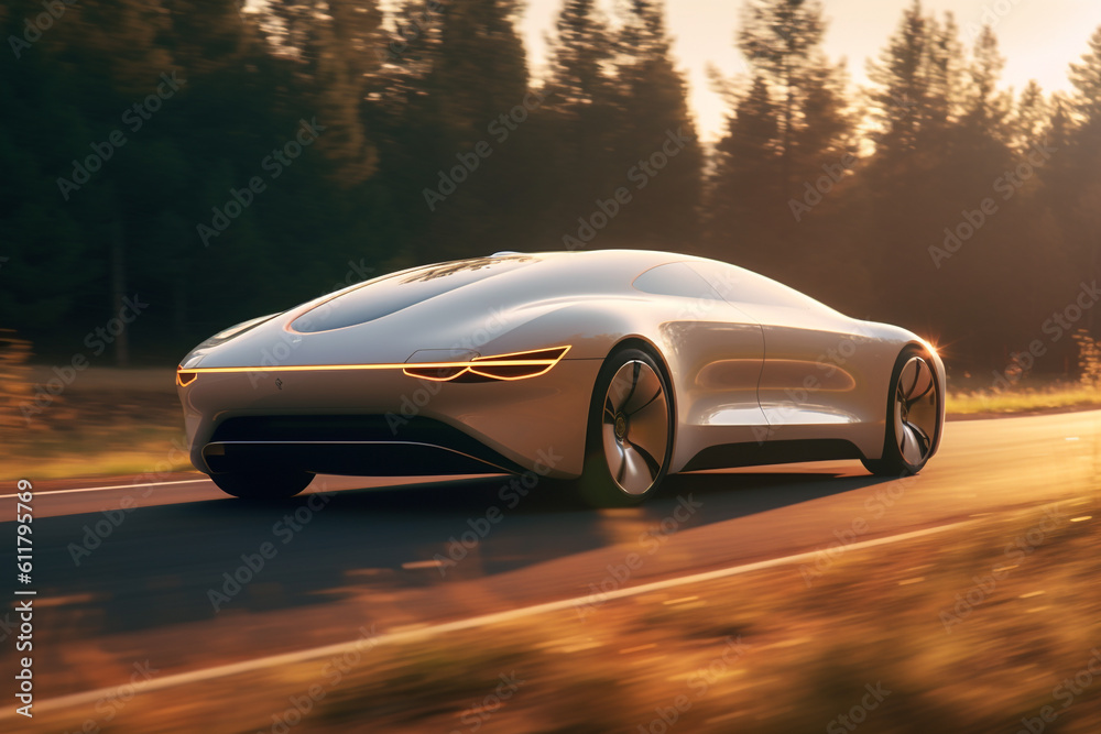 futuristic sports car driving at high speed on the road with beautiful scenery in the background, illustrates the speed of a super sports car made with generative AI