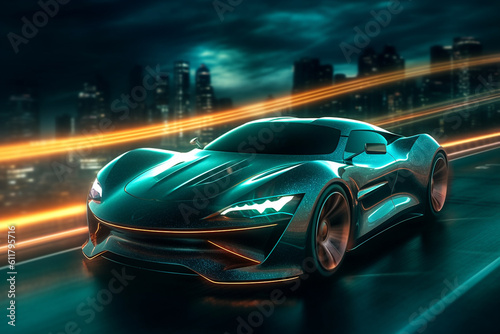 futuristic sports car rides at high speed on neon highway, illustrates the speed of a supercar made with Generative AI © Marvin