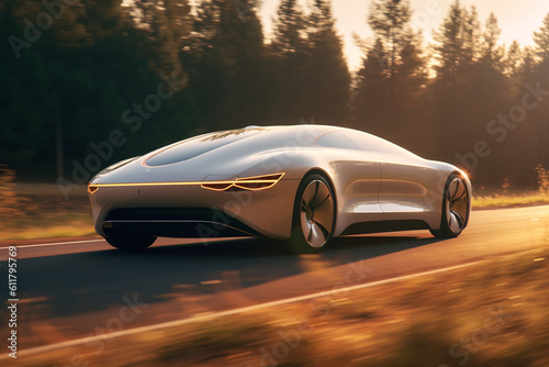 futuristic sports car driving at high speed on the road with beautiful scenery in the background, illustrates the speed of a super sports car made with generative AI © Marvin