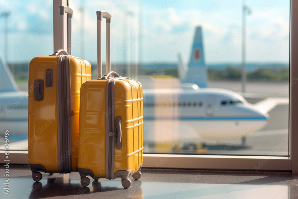 suitcase at the airport, in the background runway with airplane, summer vacation with luggage at the terminal made with Generative AI