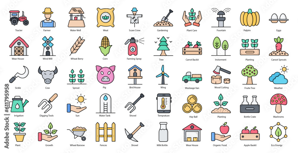 Fototapeta premium Agriculture Line Color Icons Animal Gardening Farming Farmer Iconset in Filled Outline Style 50 Vector Icons