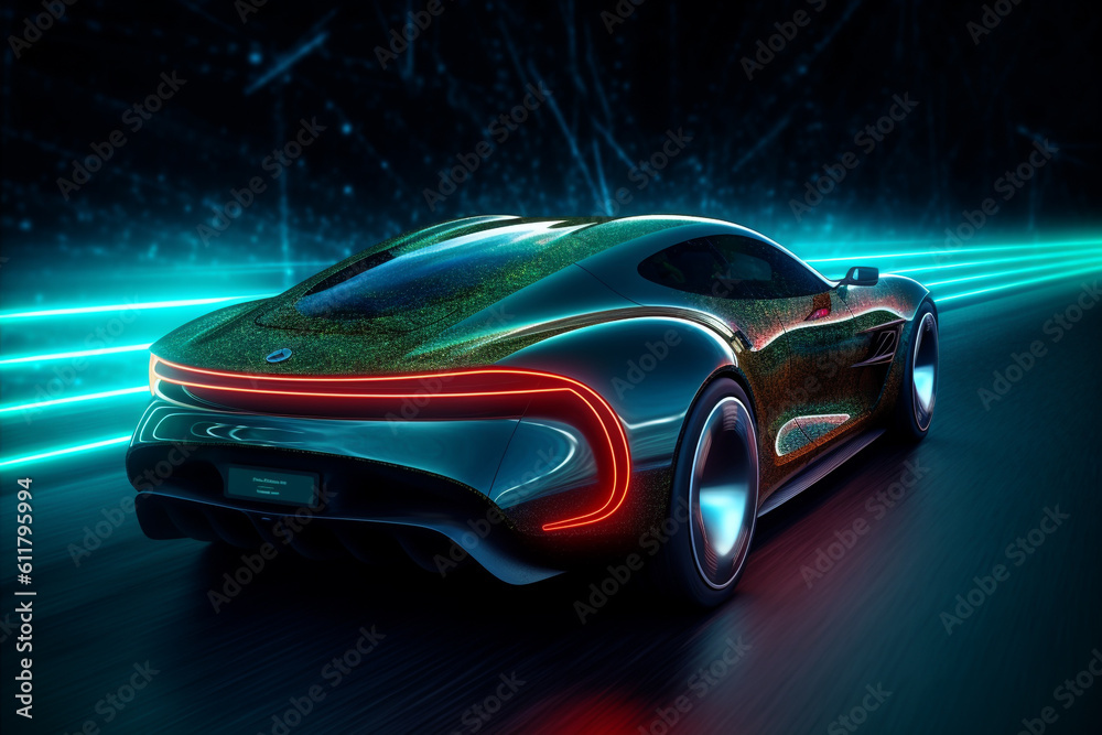 Naklejka premium futuristic sports car rides at high speed on neon highway, illustrates the speed of a supercar made with Generative AI