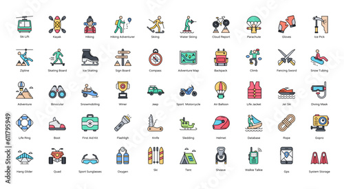 Adventure Sport Line Color Hobbies Hobby Sport Icon Set in Filled Outline Style 50 Vector Icons
