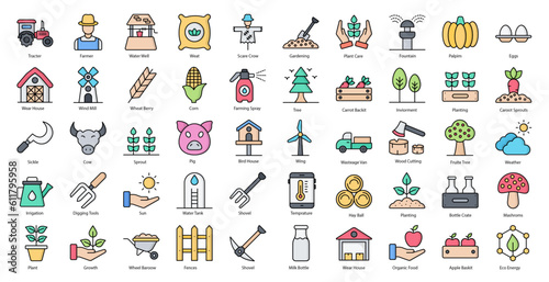 Agriculture Line Color Icons Animal Gardening Farming Farmer Iconset in Filled Outline Style 50 Vector Icons photo