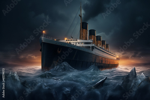 Sinking titanic in front of iceberg