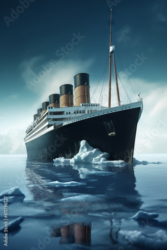 Sinking titanic in front of iceberg