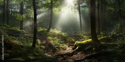 Enchanted Forest dense forest scene with rays of sunlight filtering through the trees  creating a mystical atmosphere  Generative AI Digital Illustration Part 110623