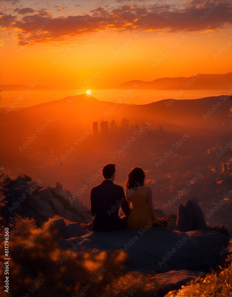 Romantic silhouette of a couple overlooking a golden city at sunset. The warm light bathes the scene, capturing their peaceful moment Romantic silhouette of a couple overlooking a golden city at sunset. The warm light bathes the scene, capturing their peaceful moment