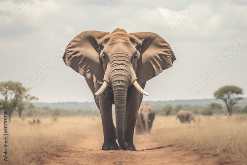 Big elephant walking in the middle of the savanna. Generative AI.