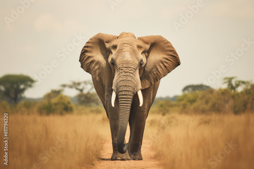 Big elephant walking in the middle of the savanna. Generative AI. © britaseifert