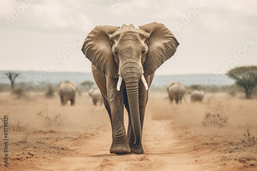 Big elephant walking in the middle of the savanna. Generative AI.