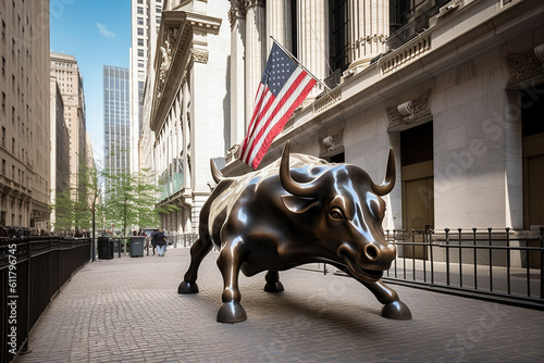 American flag and a Wall Street street sign in Lower Manhattan, New York City, USA, in the background of the Charging Bull bronze sculpture by Italian artist Arturo Di Modica, Bowling Green, Manh photo
