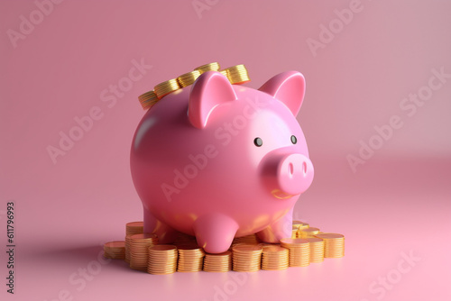Fotografija A single pink piggy bank money box filled with a stack of gold coins, rendered in 3D with a simple, one-color background