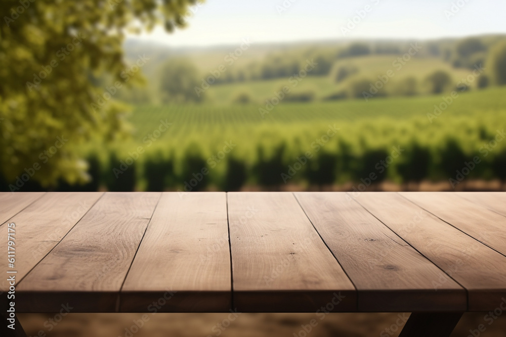 Close up of an empty wooden table for product display, with a minimalistic blurred French vineyard in the background.