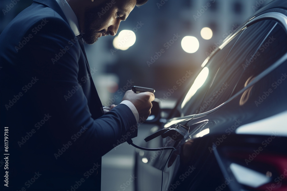 Close up of businessman checking the battery life of his electric car on his smartphone.