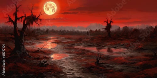 blood-red moon rises above a desolate landscape, casting an eerie glow on the path of destiny Generative AI Digital Illustration Part#110623